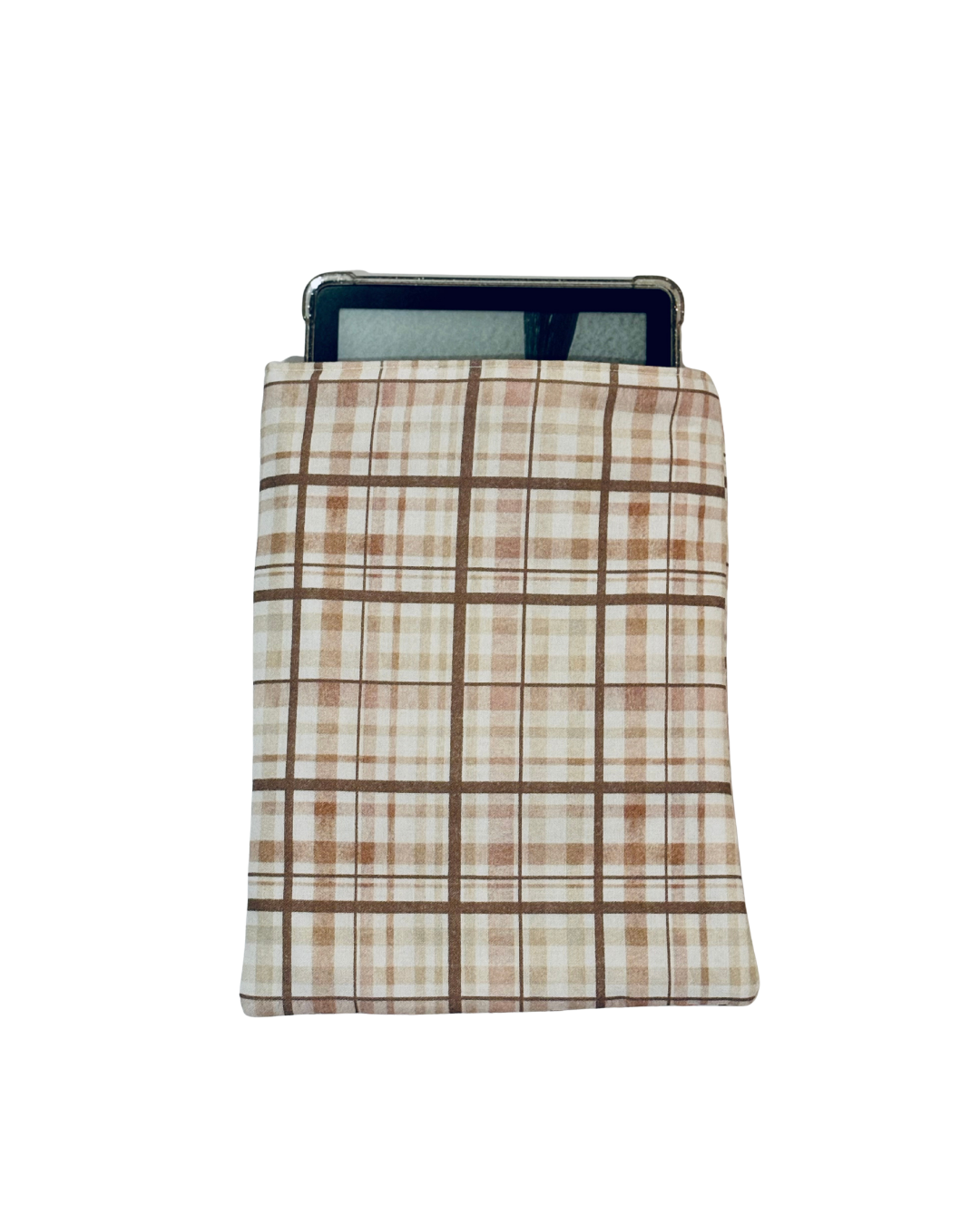kindle inside Plaid e-reader case with brown and beige pattern on a white background