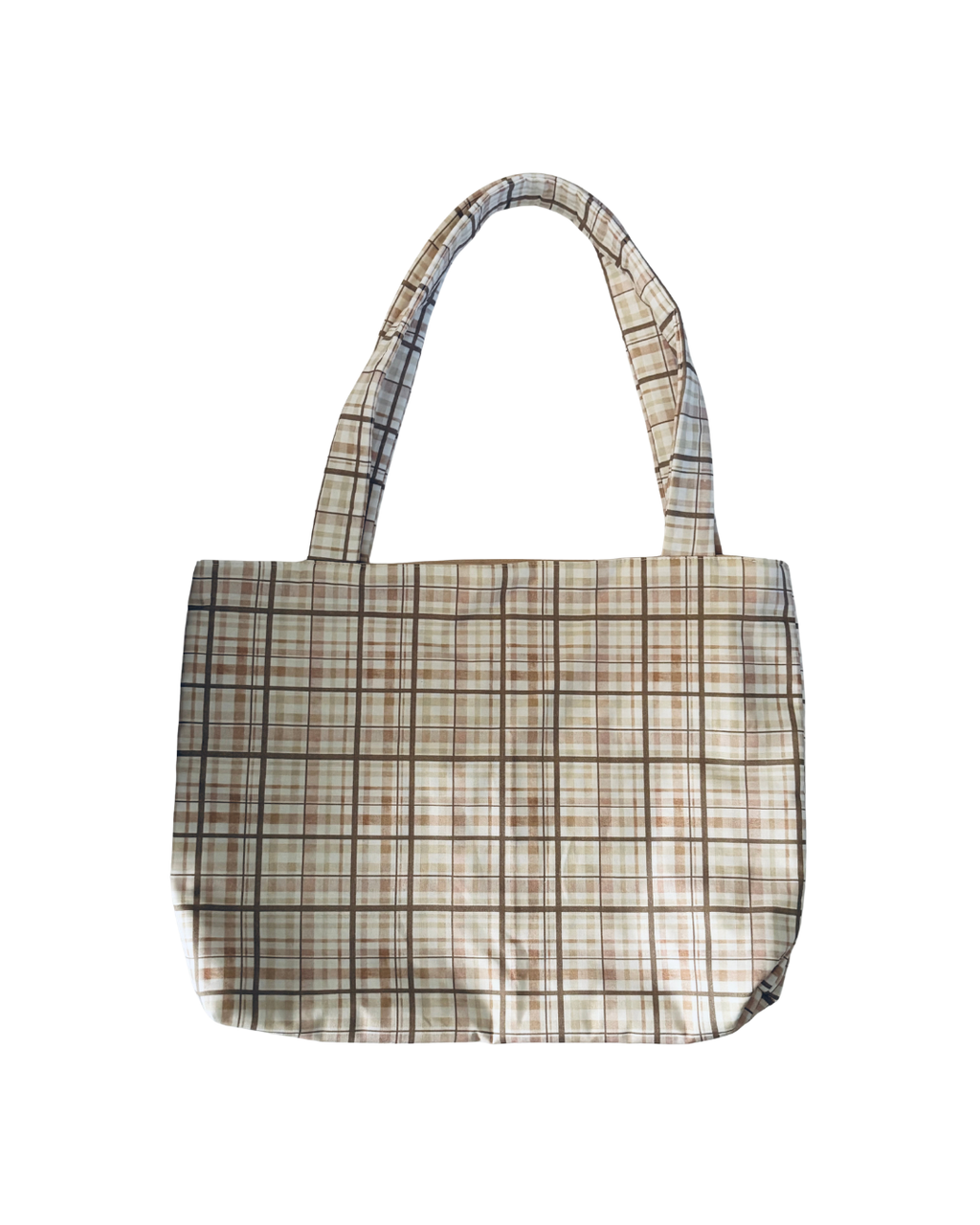 beige, tan and white plaid tote bag against white background