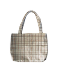 beige, tan and white plaid tote bag against white background