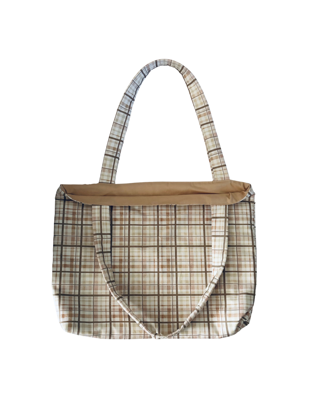 beige, tan and white plaid tote bag with beige interior against white background