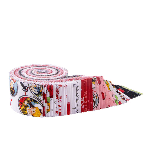 A roll of patterned fabric partially unrolled, showing multiple colors and cartoon-style illustrations on a plain white background.