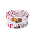 A roll of fabric with a vintage-style illustrated pattern, tied with a white ribbon. The fabric features a white base with red, pink, black, and yellow illustrations, including a blonde girl and a key.