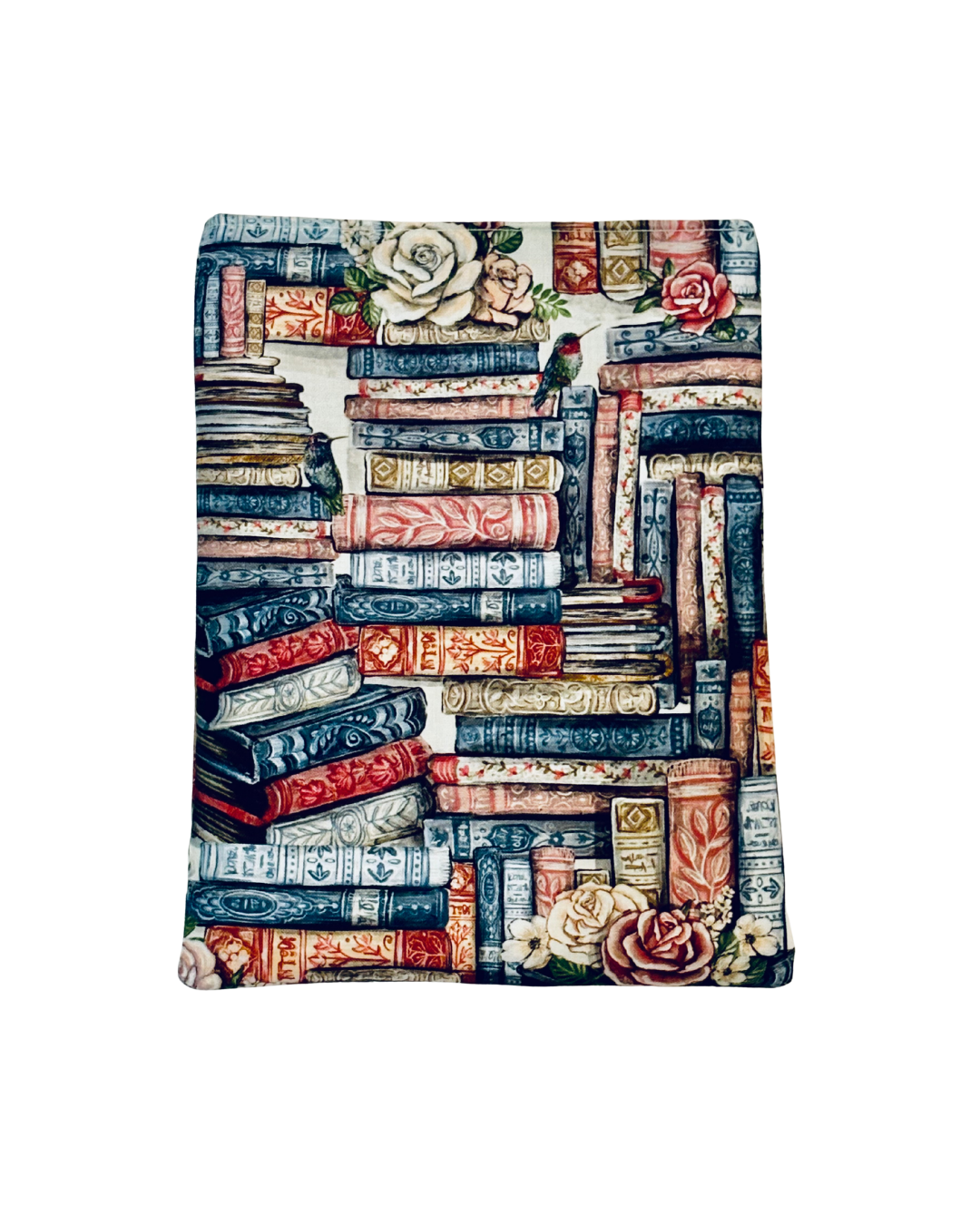 multicolored E-reader sleeve with a design of stacked books and flowers on a white background