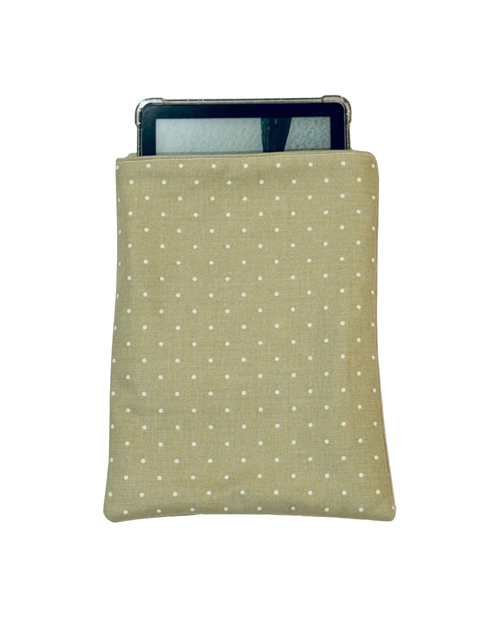 kindle inside Green e-reader sleeve with white polka dots on a white background