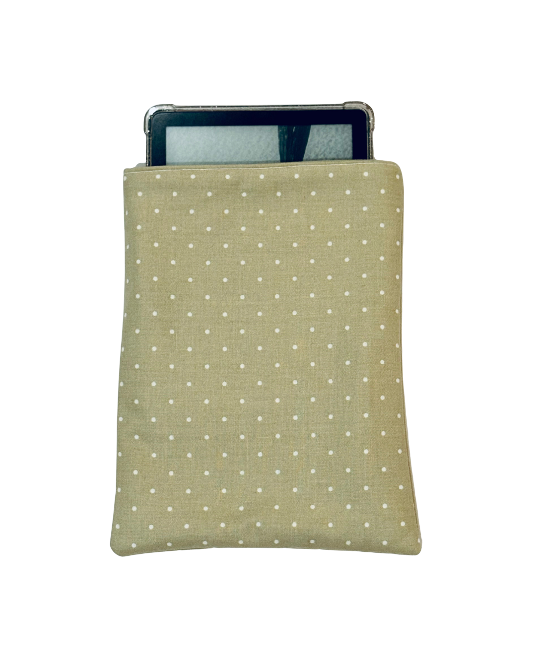 kindle inside Green e-reader sleeve with white polka dots on a white background