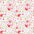 A repeating floral and bird pattern on a white background, featuring pink flowers, green leaves, and red birds.