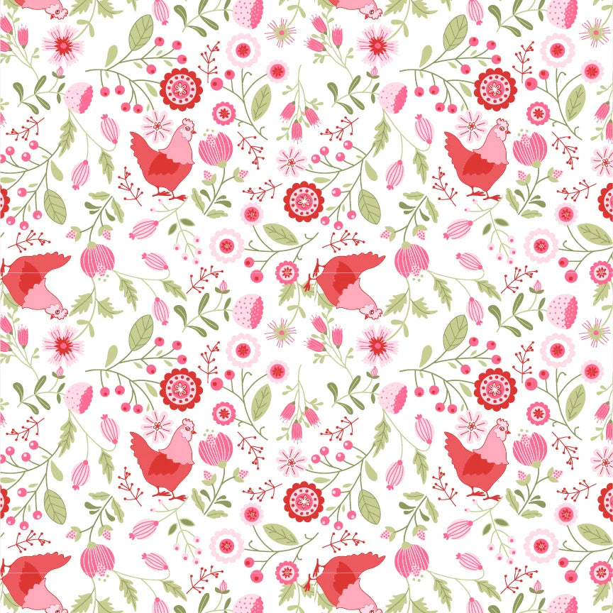 A repeating floral and bird pattern on a white background, featuring pink flowers, green leaves, and red birds.