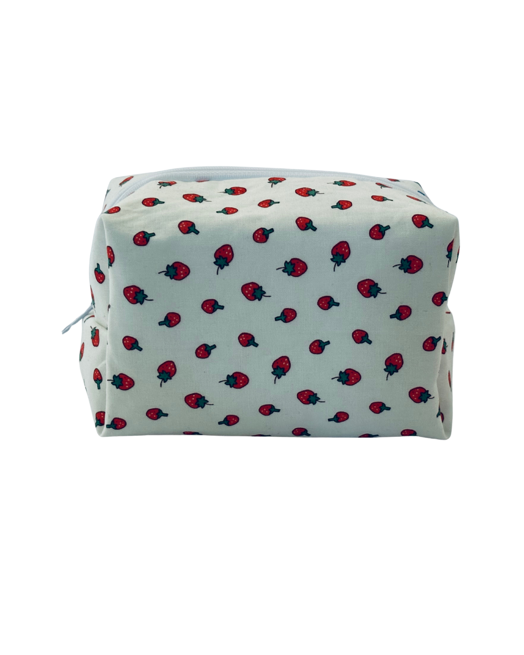 toiletry bag with white and red  strawberry pattern with white zipper on a white background