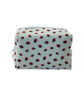 toiletry bag with white and red  strawberry pattern with white zipper on a white background