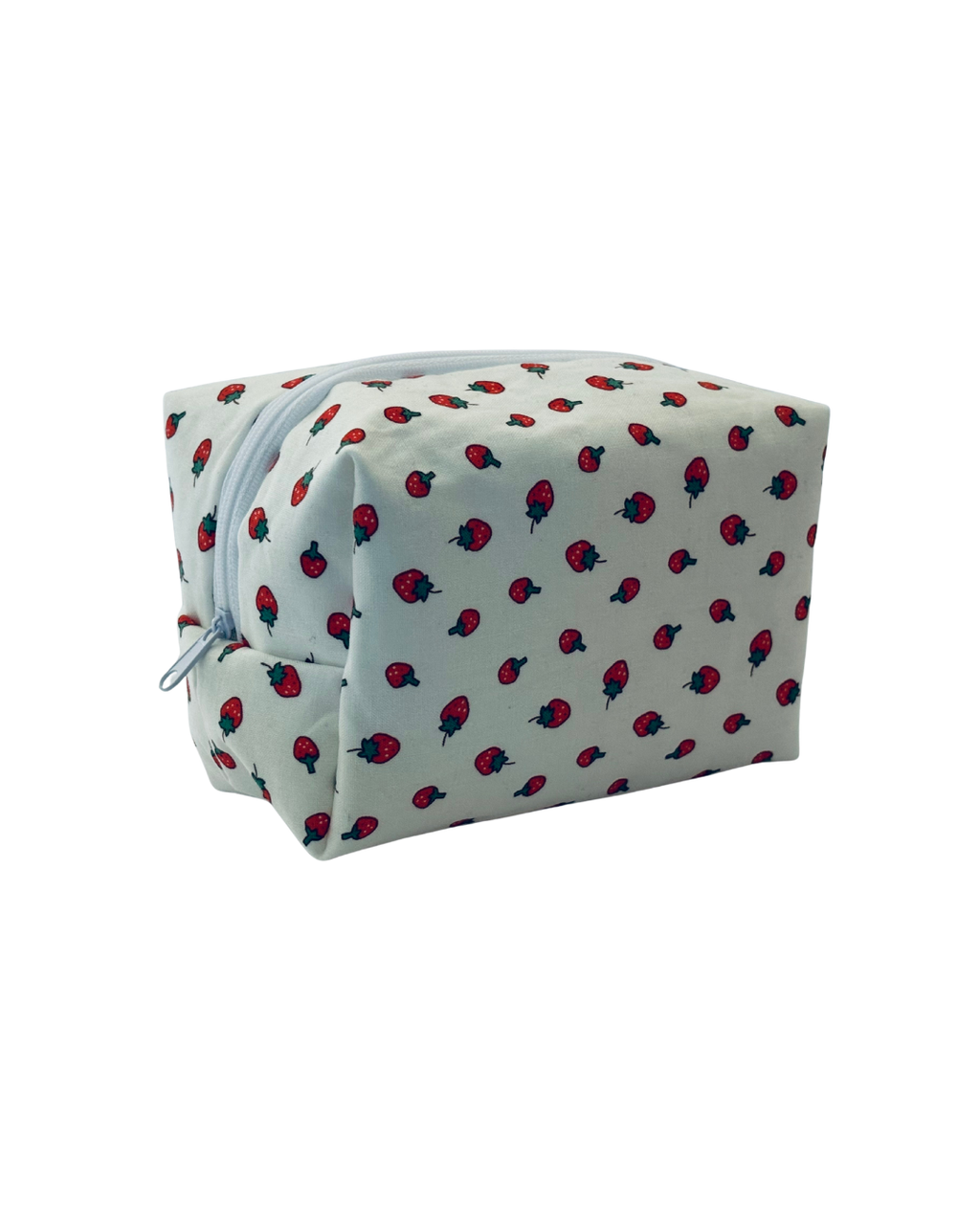 toiletry bag with white and red  strawberry pattern with white zipper on a white background