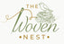 Logo of 'The Woven Nest' with a bird, nest, and floral elements on a white background.
