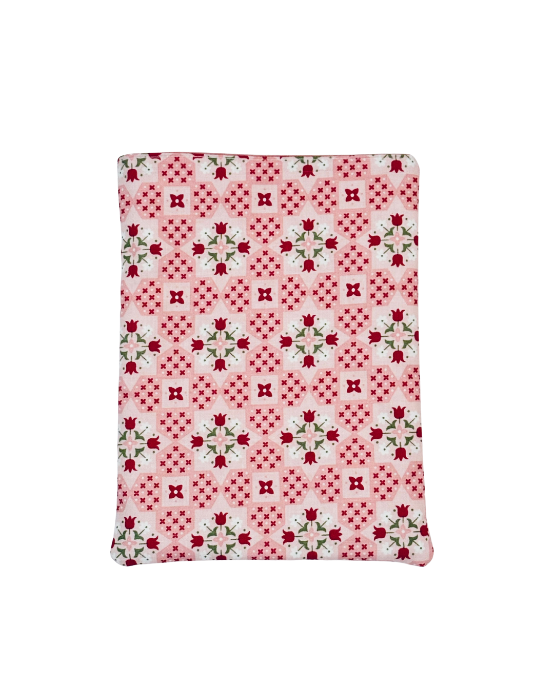 e-reader sleeve with red and pink floral pattern on a white background