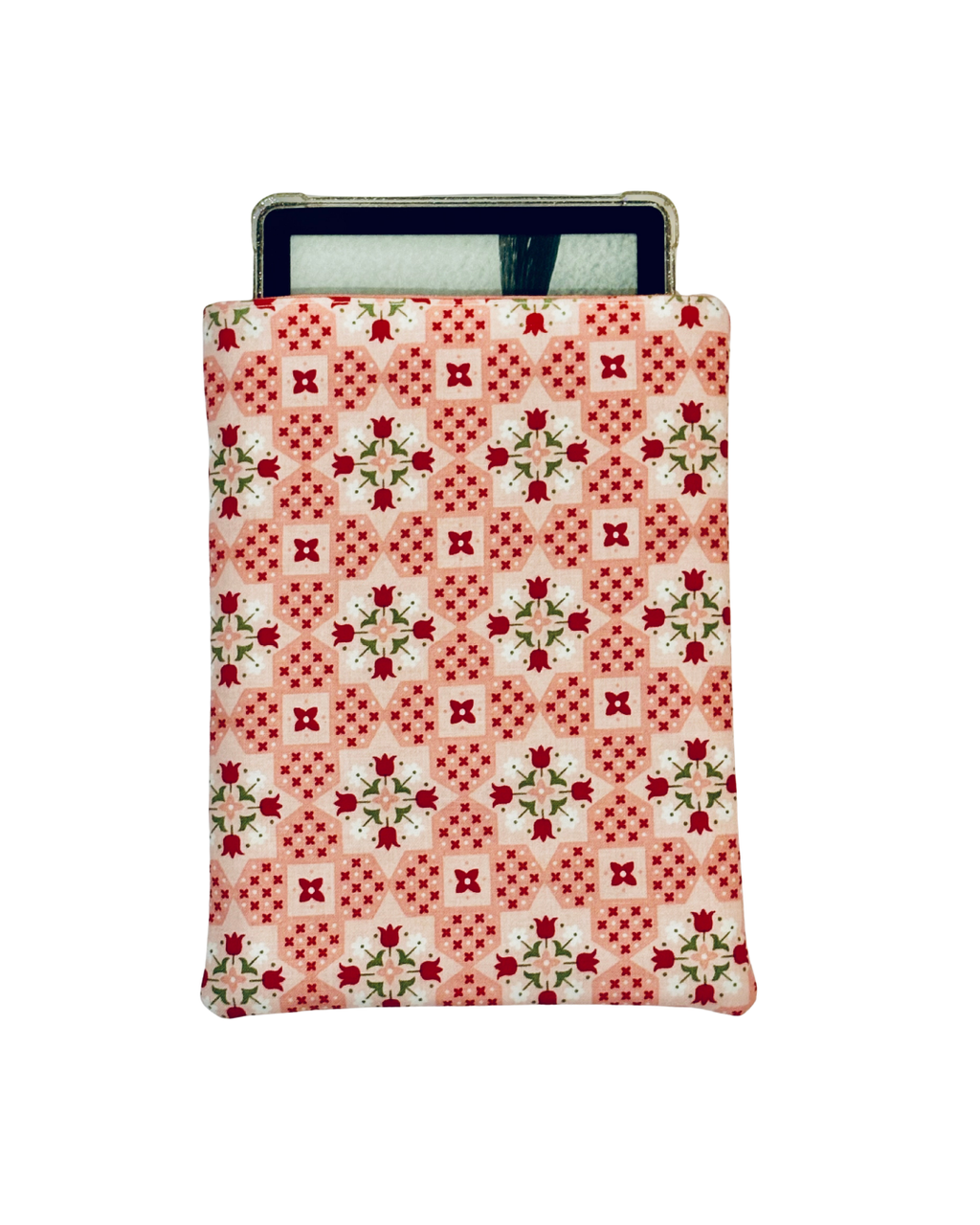 kindle inside a e-reader sleeve with red and pink floral pattern on a white background