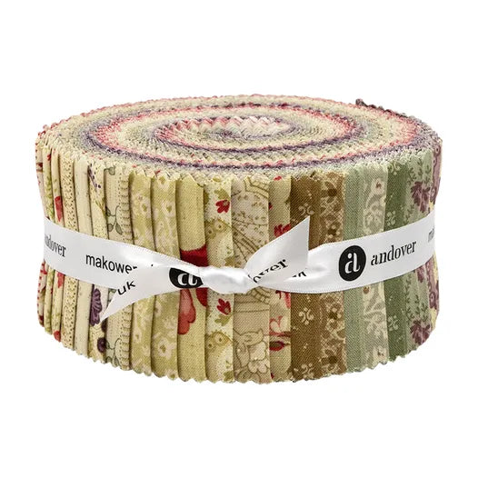 A roll of patterned fabric gathered into a cylindrical bundle, tied with a white ribbon printed with the brand names 'makower' and 'andover', shown on a plain white background.