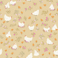 Sweet chickens and chicks playfully scattered with leafy branches across sage grounds.
