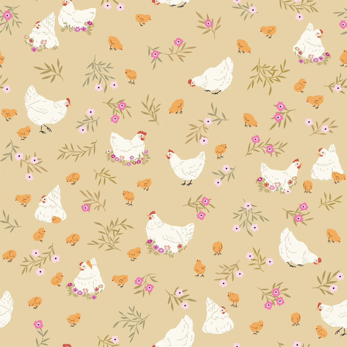 Sweet chickens and chicks playfully scattered with leafy branches across sage grounds.