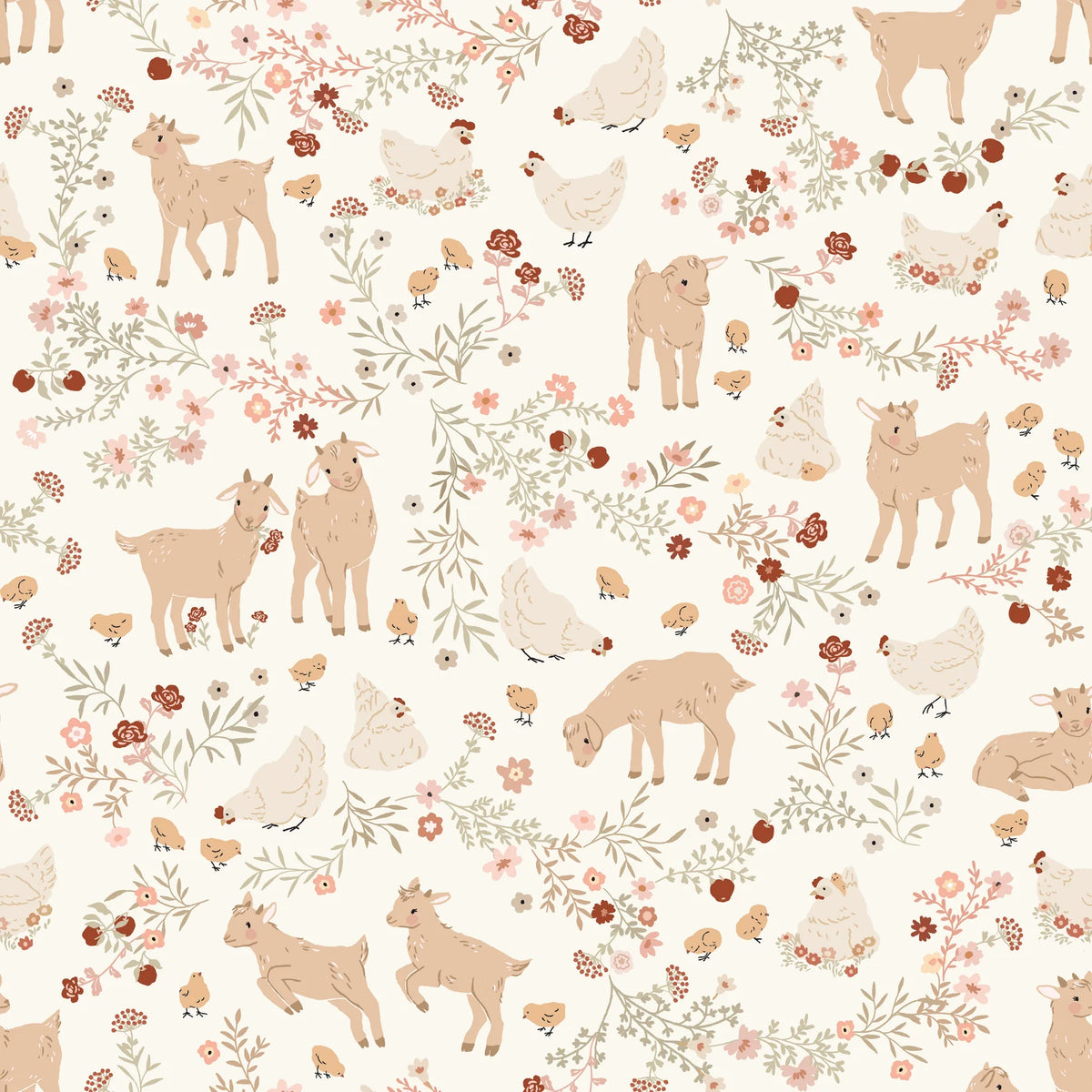Happy goats, chickens and chicks frolicking in a meadow of beautiful flowers and twigs on a white background.