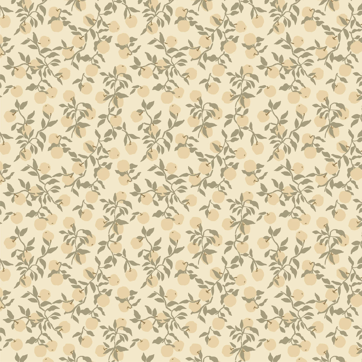 Tossed apples with branches and leaves scattered across a light sage background.