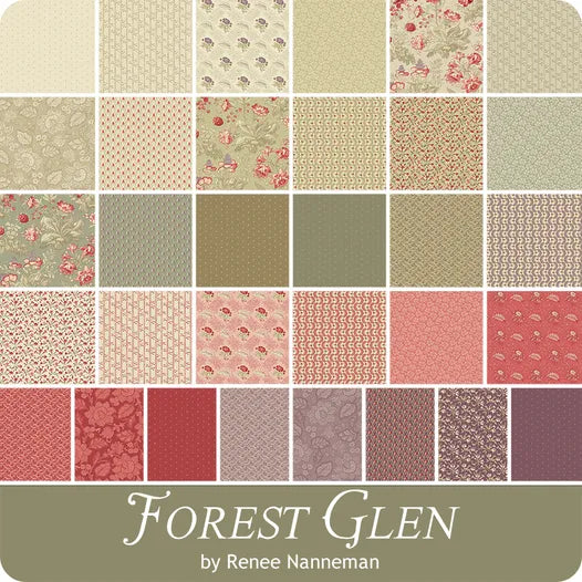 A fabric pattern swatch grid labeled 'Forest Glen' by Renee Nanneman, showing multiple small square swatches in soft neutral, sage, blush, and muted red tones with floral, paisley, and textured motifs.