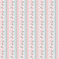 A repeating vertical stripe pattern featuring pink hearts, pale blue leaves, and soft coral floral motifs on a white background.