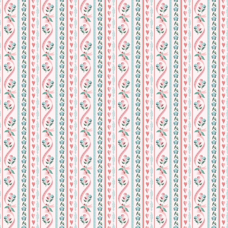 A repeating vertical stripe pattern featuring pink hearts, pale blue leaves, and soft coral floral motifs on a white background.
